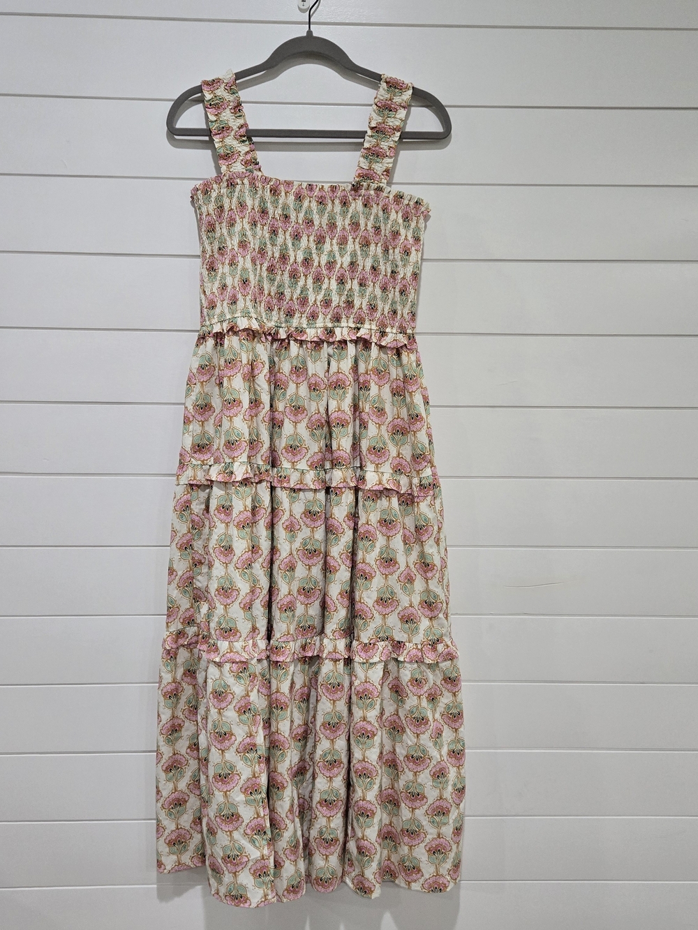 Entro Pink Floral Blovk Print Smocked Tiered Sundress Pink Green Sz Large Ruffle